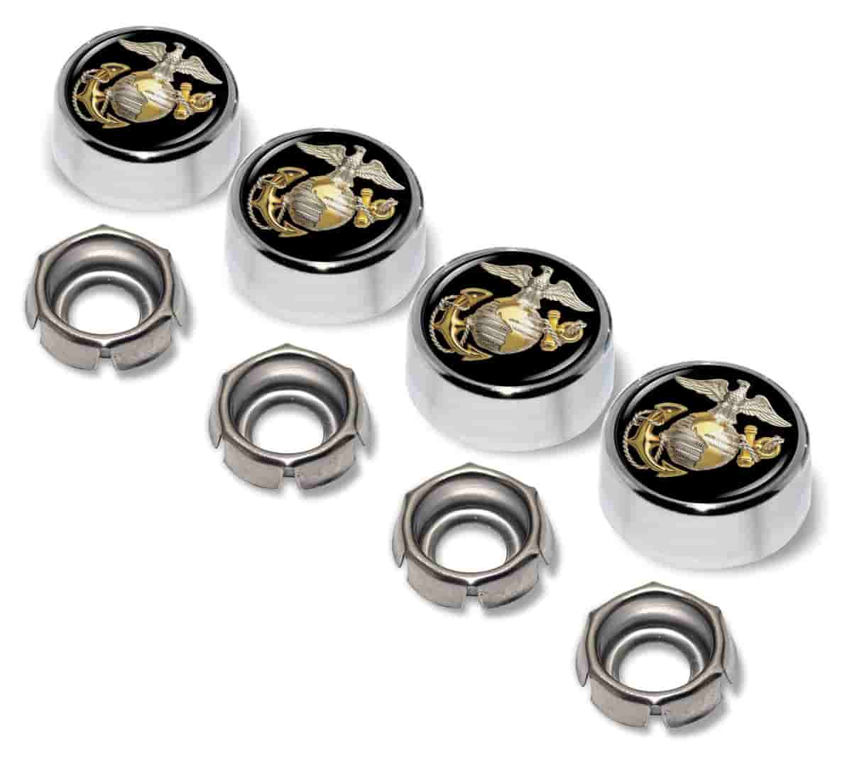 U.S. Marine Corps Gold Emblem - USMC License Plate Screw Caps - Chrome Metal Set of 4